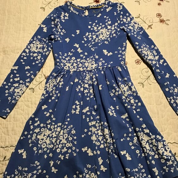 long Sleeve Girl's Size 8-9Y Mini Boden Dress--Blue w/ White Flowers/Butterflies